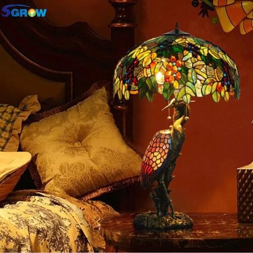 SGROW Art Deco Tiffany Hand-made Table Lamp for Bedroom Dining Room European Style Glass Lampshade Resin Base Desk Light Fixture