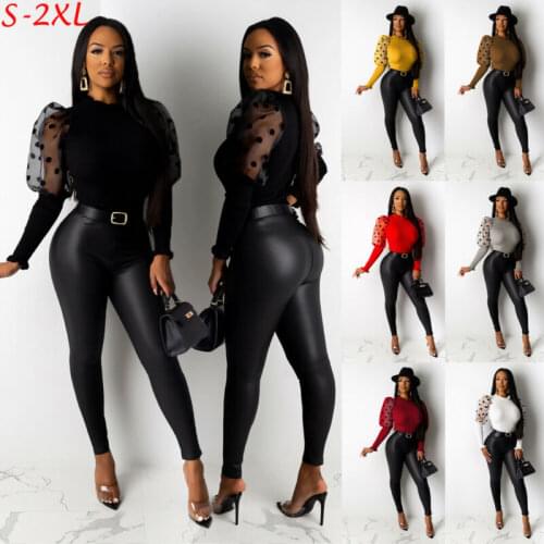 Women Polka Dot Patchwork Puff Sleeve Turtleneck Casual Slim Fit Party Tops Knit Sweater Winter Bodycon Blouse