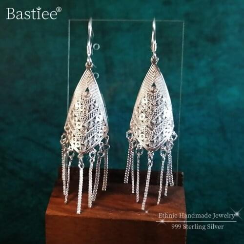 Bastiee Vintage 999 Sterling Silver Bohemian Earrings For Women Drop Big Earrings Tassels Handmade Luxury Jewelry Boho Ethnic