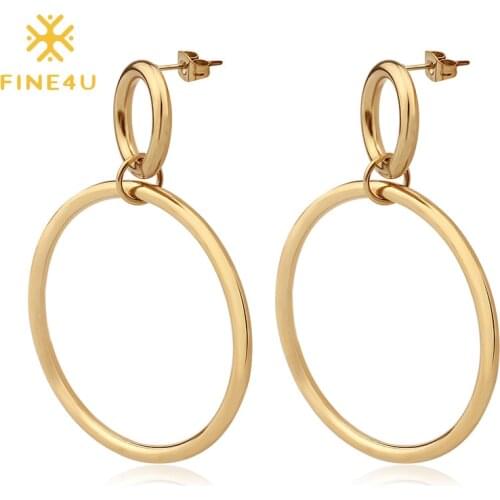 FINE4U E107 Double Circles Dangle Earrings For Women Stainless Steel Big Hoops Drop Earrings