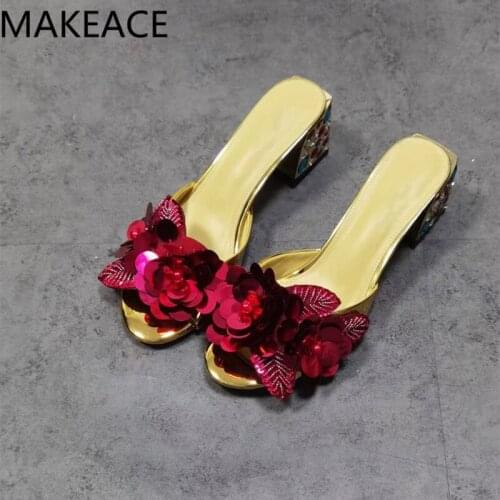 New Summer Celebrity Lady Hot Red Wedding Slipper Shoes Gem High Heel flower Fish Mouth Toe Shoe High Heel women 2021