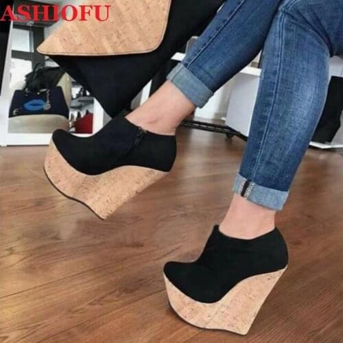 ASHIOFU Hot New Handmade Womens Wadge Heels Pumps Faux-suede Party Prom Dress Shoes Large Size Daily Wear Evening Fashion Pumps