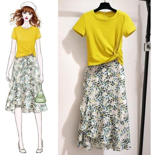 Womens Floral Skirt Crop Tops Suit 2021 Summer New High-waisted Beach Dress Fashion Pastoral T-shirt Long Skirts Two Piece Set