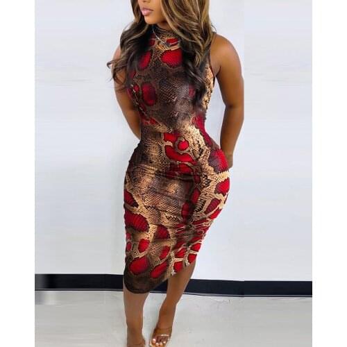 Cutubly Dress O Neck Summer Floor Length Long Sleeve Dress Serpentine Print Women Sexy Club Party Maxi Dress