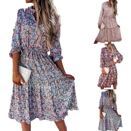 Women Dress Floral Print Long Sleeve Summer V Neck Large Hem Dress for Daily Wear