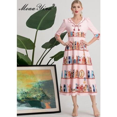 MoaaYina Fashion Runway Designer Summer Pink Dress Womens V-neck Beading Half sleeve Book print Party Elegant Midi Dress