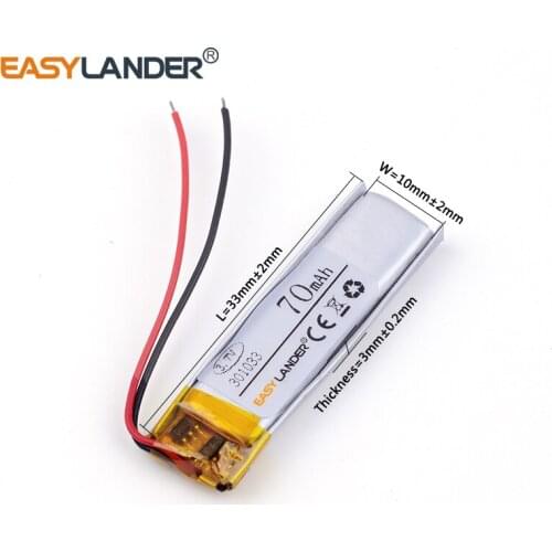 10pcs /Lot lithium Li ion polymer rechargeable battery 301033 70mAh MP4 MP3 Bluetooth earphone small toy sound recording pen