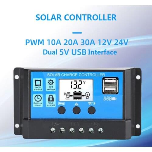 60A/50A/40A/30A/20A/10A 12V 24V Auto Solar Charge Controller PWM Controllers LCD Dual USB 5V Output Solar Panel PV Regulator