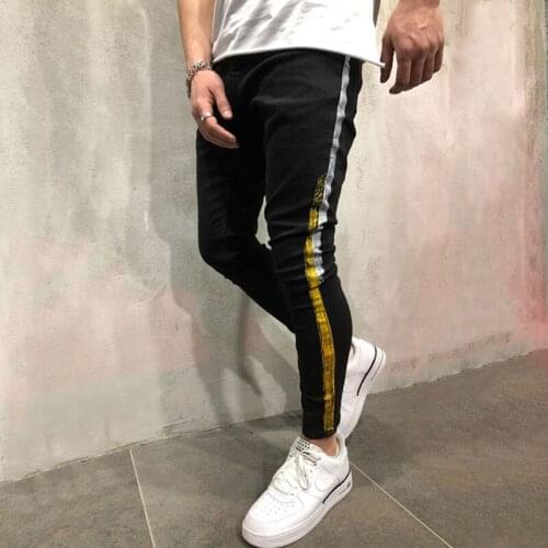 Men New personality stripe coating printed Joggers Slim Fit Denim Pants Homme Hip Hop High street Cotton male Skinny jeans