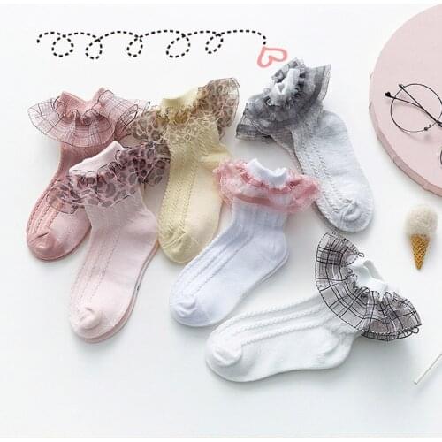 2020 Cotton Ruffle Princess Mesh Socks Leopard Lace Children Ankle Short Sock White Yellow Baby Girls Kids Toddler