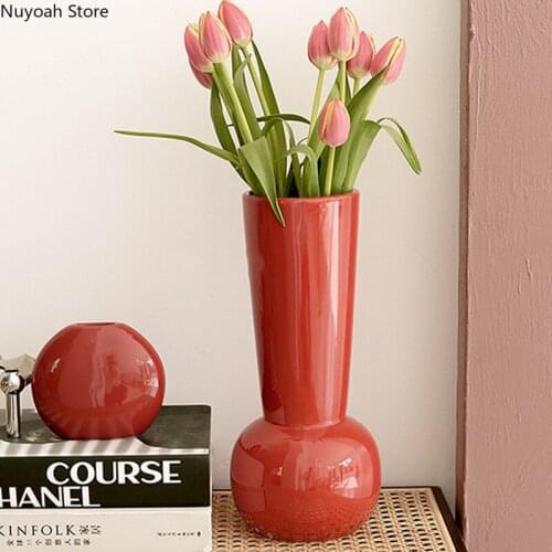 Creative Retro Red Geometric Ceramic Vase Living Room Flower Arrangement Dried Flower Accessories Crafts Home Decoration Vase