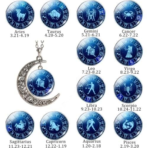 Zodiac Sign Crescent Moon Pendant 12 Constellation Leo Virgo Libra Scorpio Sagittarius Capricorn Necklace Gifts