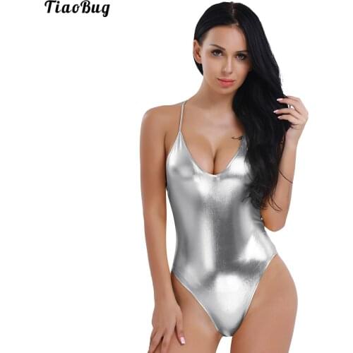 TiaoBug Summer Women Adult Patent Leather Ballet Dance Leotard Spaghetti Shoulder Straps Deep V One Piece Thong Bodysuit