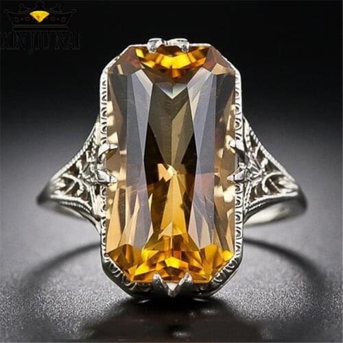 Hot Exaggerated Yellow Crystal Zircon Women Rings Silver Color Hollow Finger Rings Jewelry Wholesale Anel Feminino Size 6-10