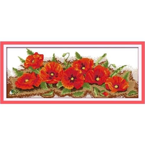 Seven poppy flowers cross stitch kit aida 18ct 14ct count x stitching embroidery DIY handmade needlework craft supplies plus