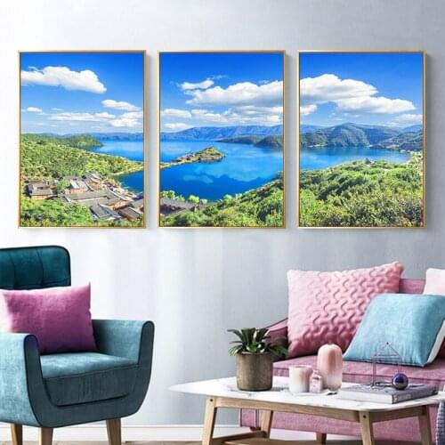 Blue Sky White Clouds Poster Forest Mountain Lake Wall Art Natural Scenery Canvas Painting Landscape Prints Pictures Home Decor
