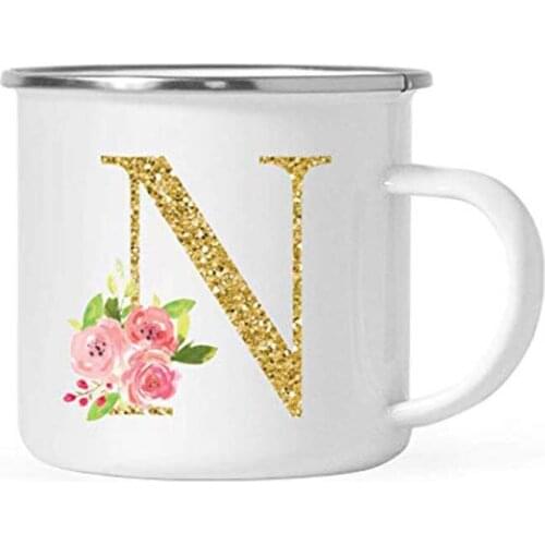 Stainless Steel 11oz. Campfire Coffee Mug Gift, Pink Roses Faux Gold Glitter Monogram Initial Letter N, Christmas Birthday Camp