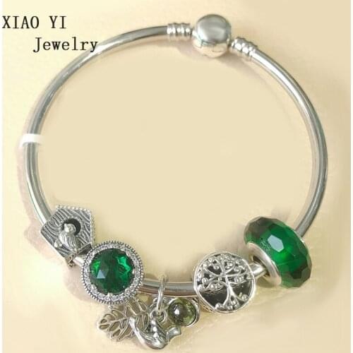 XIAOYI 100% s925 new 2020 spring winter Green glass peace and love leaves of life tree fresh bracelet female