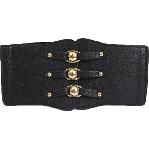 New Fashion Lady red Waist Belt Extra Wide Corset gold Metal Ring Dress Cummerbund Black PU leather Elastic Waistband for dress