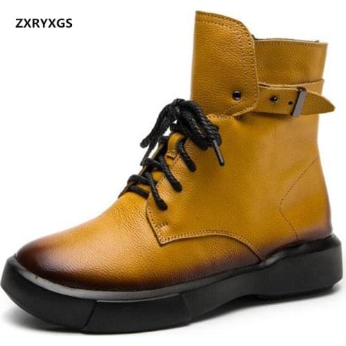 New Top Cowhide Side Zipper Martin Boots Women Shoes Autumn and Winter Boots Flat Elegant Temperament Womens Boots Warm Shoes