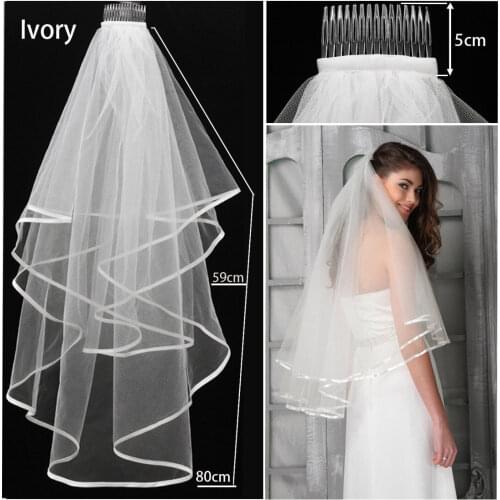 New 2T White or Ivory Wedding Bridal Veil With Satin Edge Comb Elbow Elegant