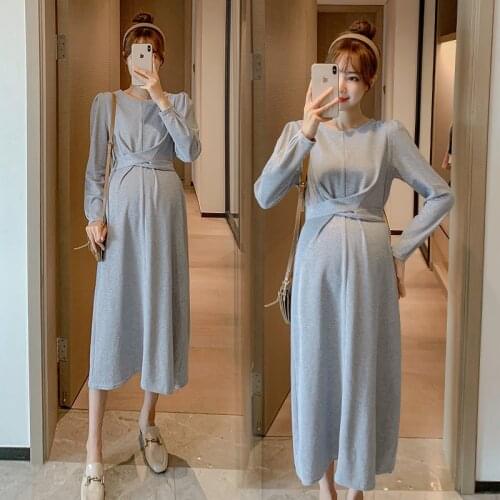 6838# Autumn Korean Fashion Maternity Long Dress Elegant Across A Line Slim Waist Clothes for Pregnant Women Pregnancy Clothing