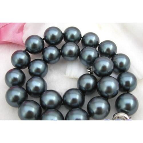 18"14mm round black south sea shell pearl necklace AAA style Fine Noble real Natural free shipping