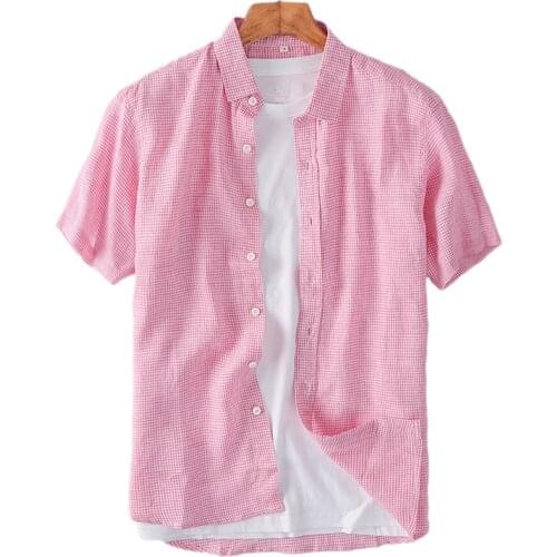 Plaid Short Sleeve Shirts for Men Turn-down Collar Casual Tops Summer New Linen Basic Pink Slim Fit Male Clothing