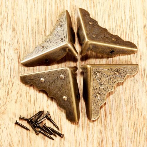 4Pcs Jewelry Box Gift Wine Chest Box Wood Case Feet Leg Corner Guard Antique Mental Corner Decorative Protector for Furniture