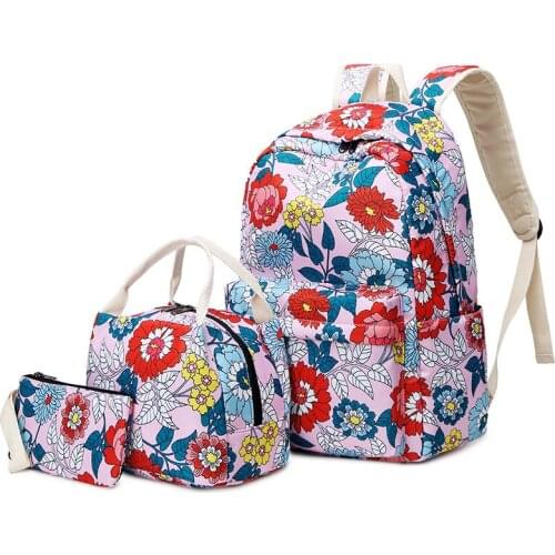Fashion 3pcs/set girls flower printing school backpack set kids black floral travel backpack school bags for teenage girls