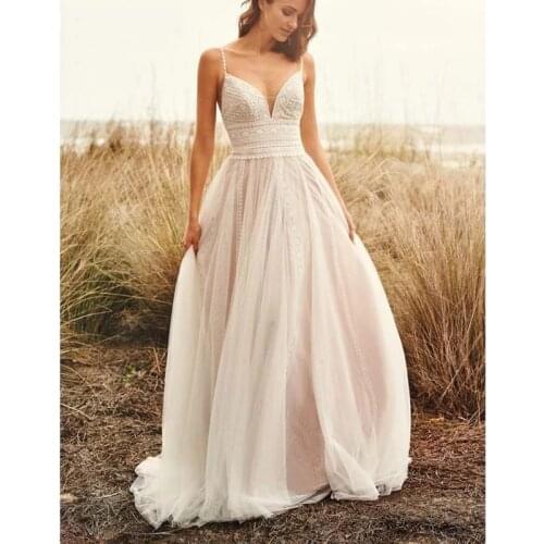 Spaghett Straps Boho Wedding Dress 2021 Lace v Neck Champagne wedding gown dress princess white Robe de mariee