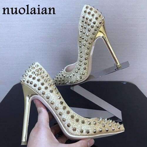 12CM Rivet Shoes Woman Sandals Women High Heel Shoes Party Wedding Thin High Heels Womens Platform Pumps Gold Female Spike Shoes