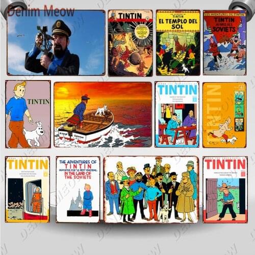 The Adventures of Tintin Cartoon Tin Sign Plaque Metal Vintage Poster Wall Art Painting Stickers Children Gift Home Decor WY113