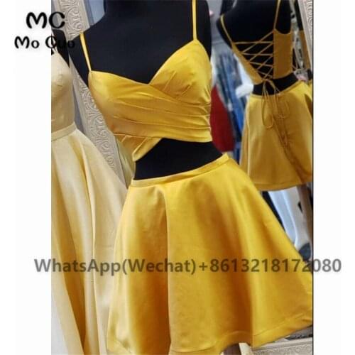 Yellow Two Pieces Gown Short Homecoming dress Satin Cocktail party dress Above Knee Lace Up Back homecoming Graduation dress