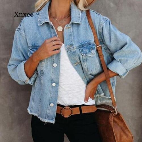 Spring and Autumn Womens Denim Jacket Rows Washed Fringed Short Single-Breasted Casual Jacket