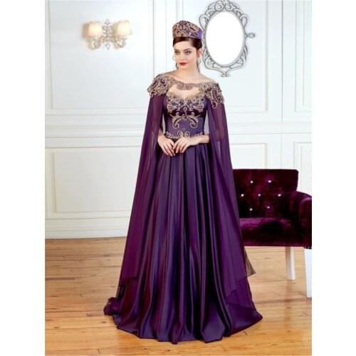 Womens Purple Embroidered Cape Satin Bindallı
