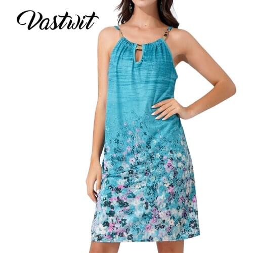 Women Summer Metal Decor Neckline Floral Print Dress Holiday Travel Casual Sleeveless Spaghetti Strap Dresses