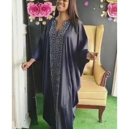 Beading Caftan Abaya Bazin Dubai Maxi Muslim Dress V Neck Gowns Batwing Sleeve Sexy Vintage Loose African Dresses for Women