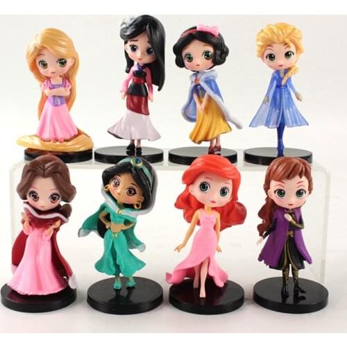 8pcs/lot Q Posket Princess Figures Snow White Jasmine Elsa Mulan Tangled Ariel Mermaid Sleeping Beauty Model Toys