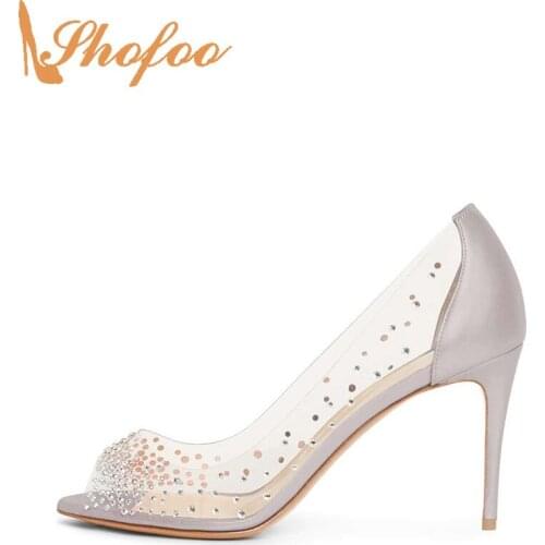 Satin Crystal PVC Basic Casual Stilettos Pumps Woman Slip on Peep Toe Super High Thin Heels Large Size 31 36 Female Party Shoes