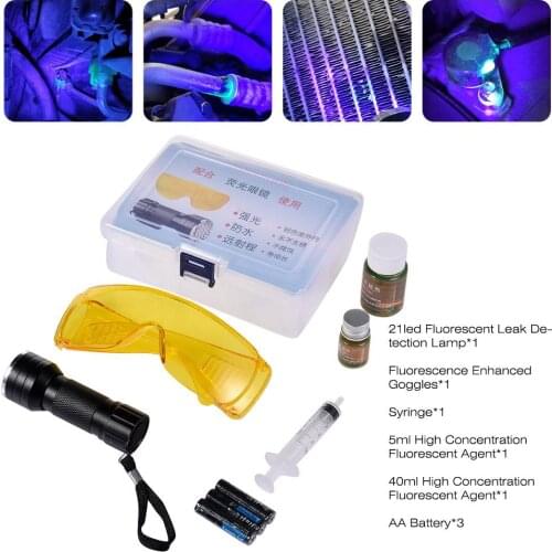Car R134A R12 Air Conditioning A/C System Leak Test Detector Kit 28 LED UV Flashlight Protective Glasses UV Dye Tool Set
