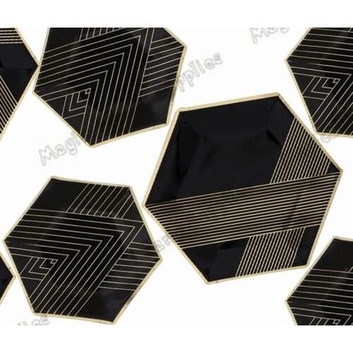Free Shipping 48pcs Black and Gold Paper Plates Black Party Tableware Foil Gold Hexagon Plates Birthday Halloween Party Decor