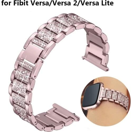 Bling Smart Watch Replacement Bands for Fitbit Versa/Versa 2 Straps for Women Dressy Metal Bracelet Jewlery Wristband Rose Pink