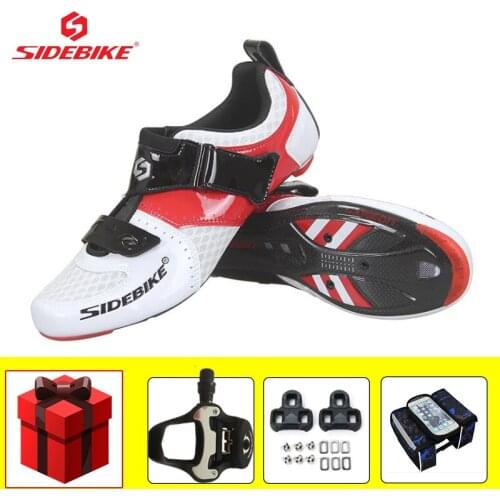 SIDEBIKE Athletic Carbon Fiber Road Cycling Shoes Ultra-light Self-locking Breathable Flat Shoes Add Pedals Bicicleta Triatlon