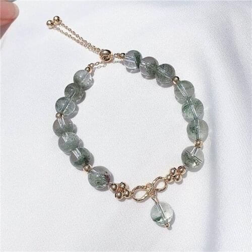 Natural Green Ghost Quartz Bead Bracelet Ladies Jewelry Making DIY Bowknot Metal Chain Adjustable Bracelet For Women Accessorie