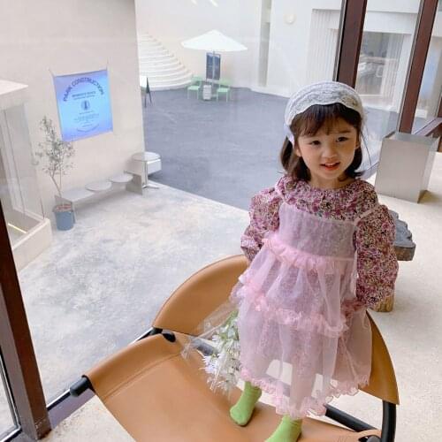 Children Spring 2021 New Girls Floral Dress Organza Sling Skirt Korean Long-sleeved Skirt