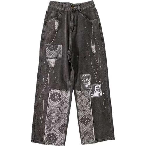 LACIBLE Streetwear Retro Denim Pants Cashew Print Streetwear Jeans Harajuku Hip Hop Pants Jogger Mens Pants