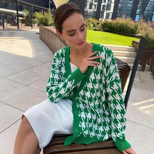 Forefair Houndstooth Knitted Oversized Cardigan Women Sweater Jumper 2021 Autumn Winter Casual Long Sleeve Famale Coats