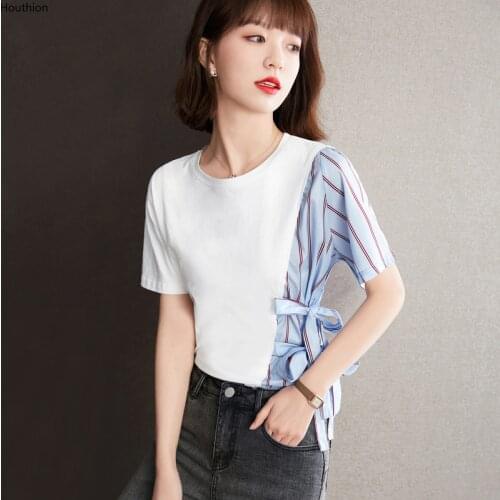 Womens T-shirt Fashion Tops Casual T Shirt Splicing Tees Loose Satin O Collar Short Sleeve Korean New Summer