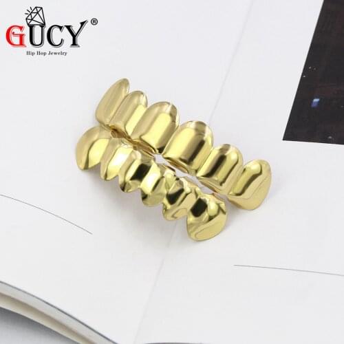 GUCY New Fit Gold Silver Plated HIP HOP Teeth Grillz Top & Bottom Vampire Fangs Grills Caps Set With Silicone